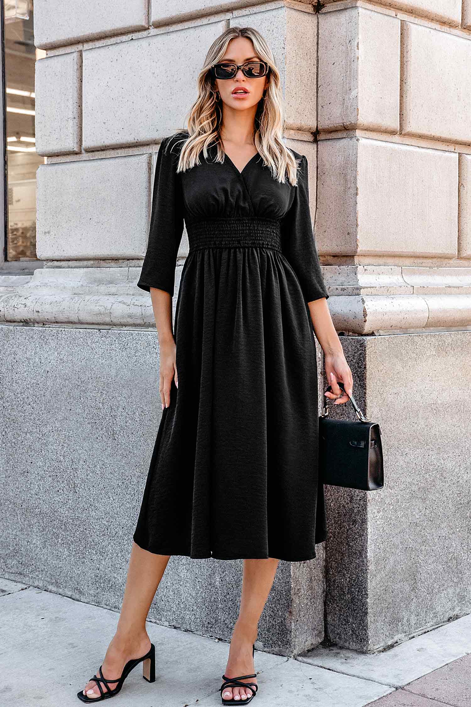 Black V-Neck 3/4 Sleeve Midi Dress