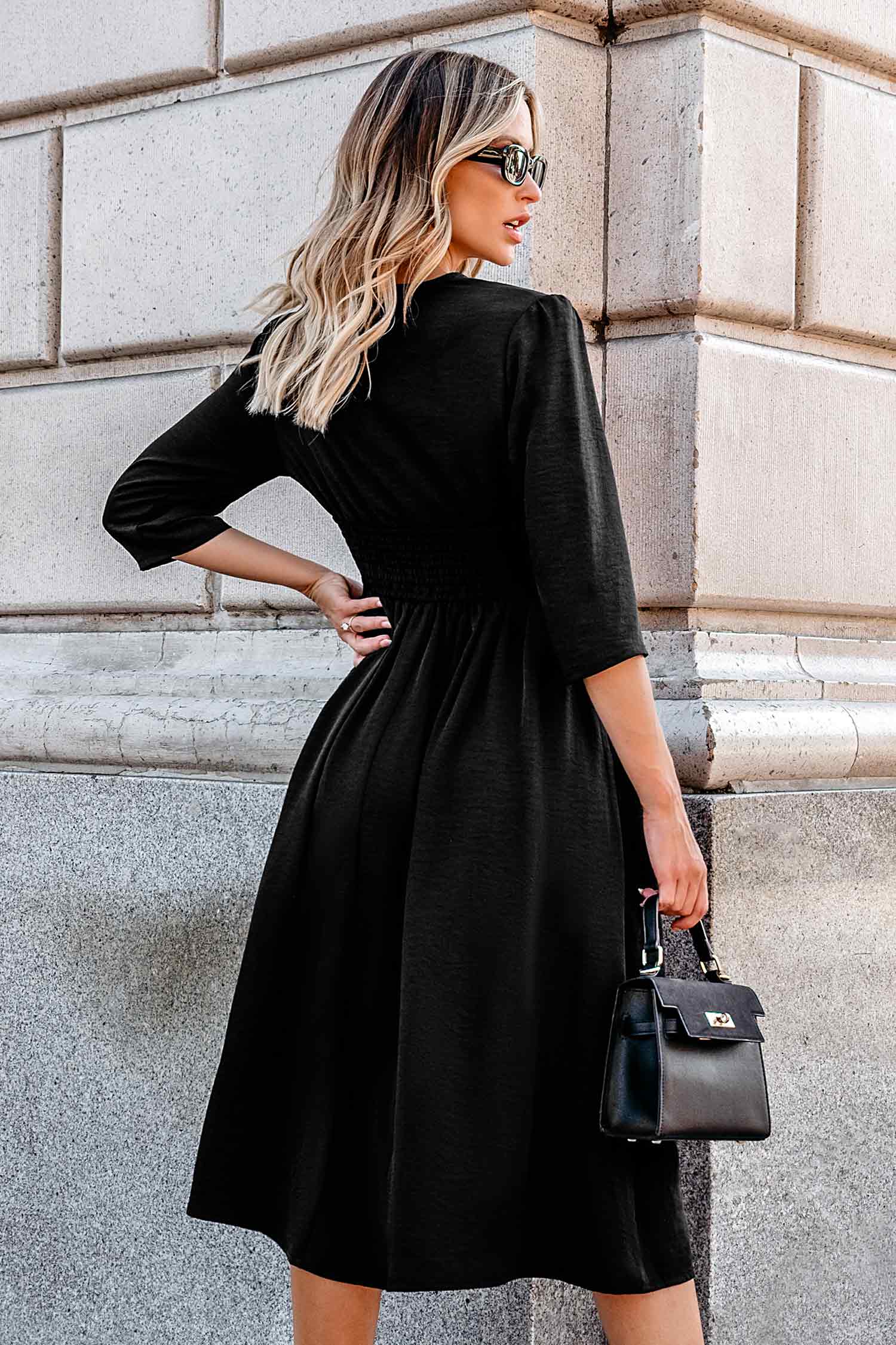 Black V-Neck 3/4 Sleeve Midi Dress