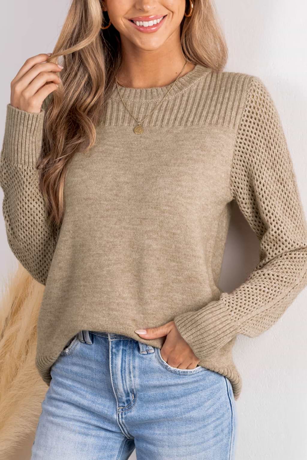 Khaki Round Neck Long Sleeve Knit Jumper