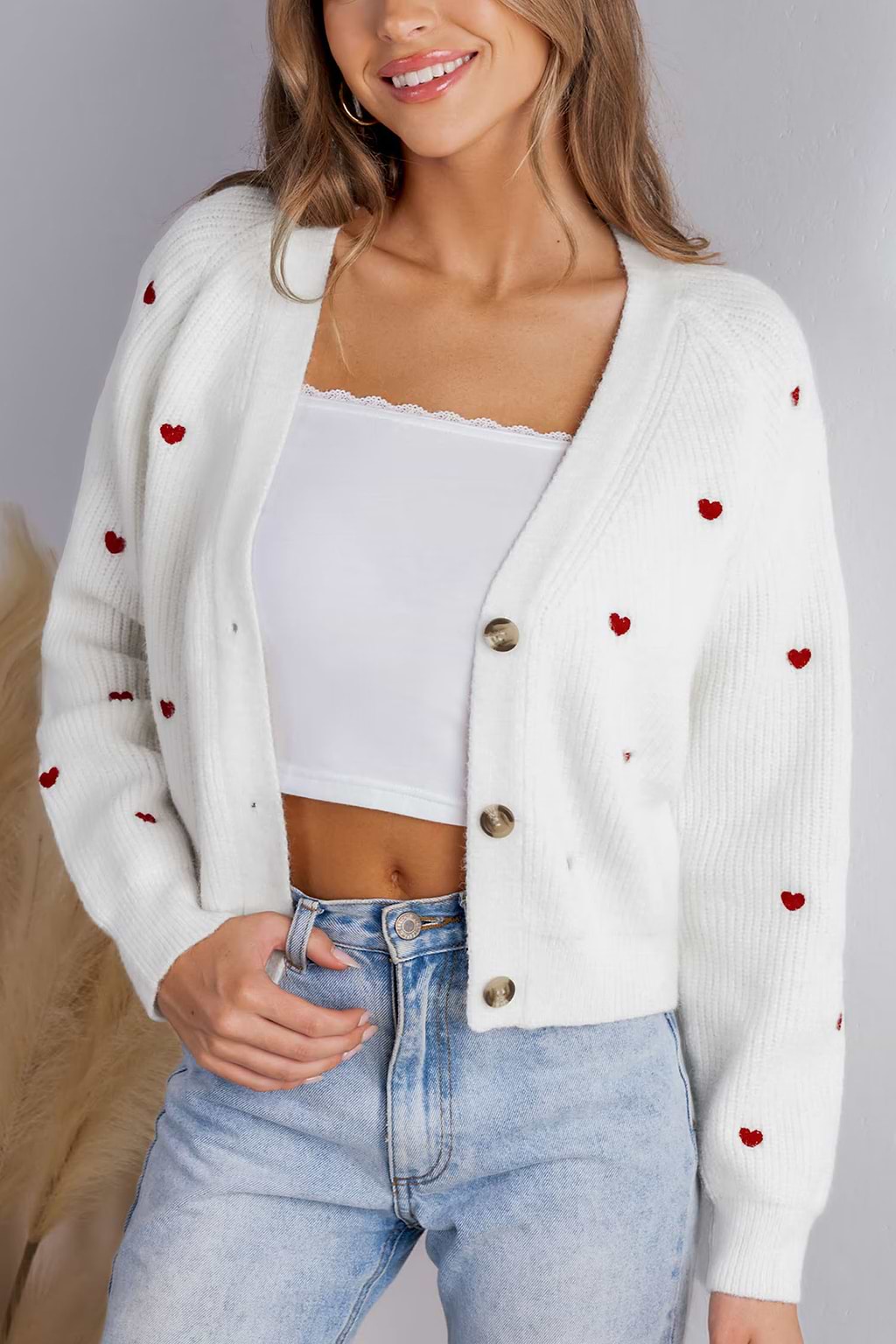 Heart Print Long Sleeve V-Neck Knit Cardigan