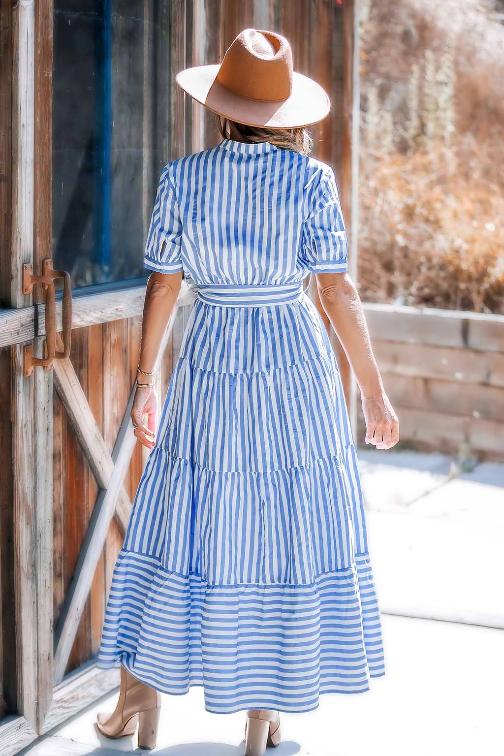 Blue Striped Puff Sleeve Front Button Maxi Dress