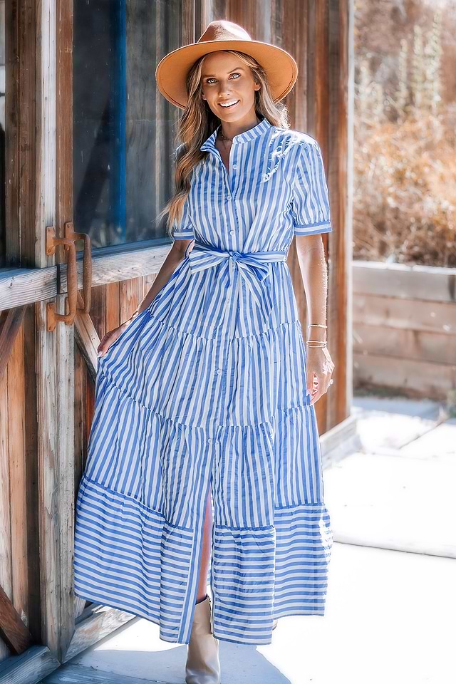 PALINDA Abito A Righe Donna, Maniche Corte, Girocollo, Con Tasche E Cintura, Blu, Taglie S-XXL