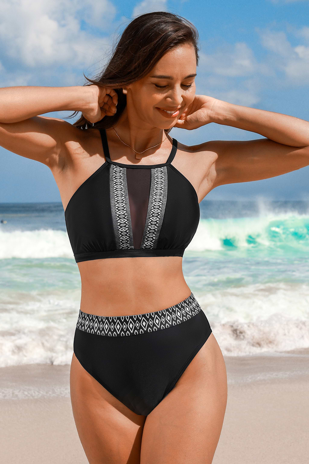 Black & Navy Geo Square Neck Bikini Top & High-Rise Bottoms Set