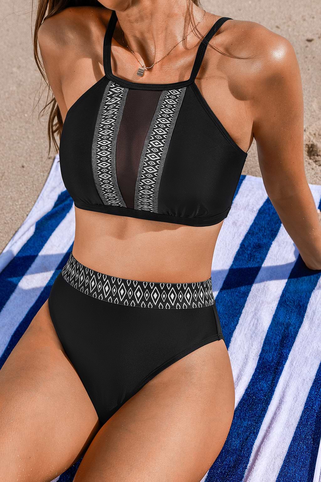 Black & Navy Geo Square Neck Bikini Top & High-Rise Bottoms Set