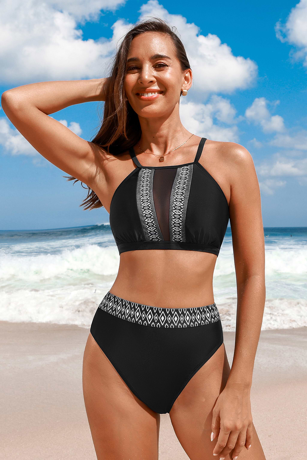 Black & Navy Geo Square Neck Bikini Top & High-Rise Bottoms Set
