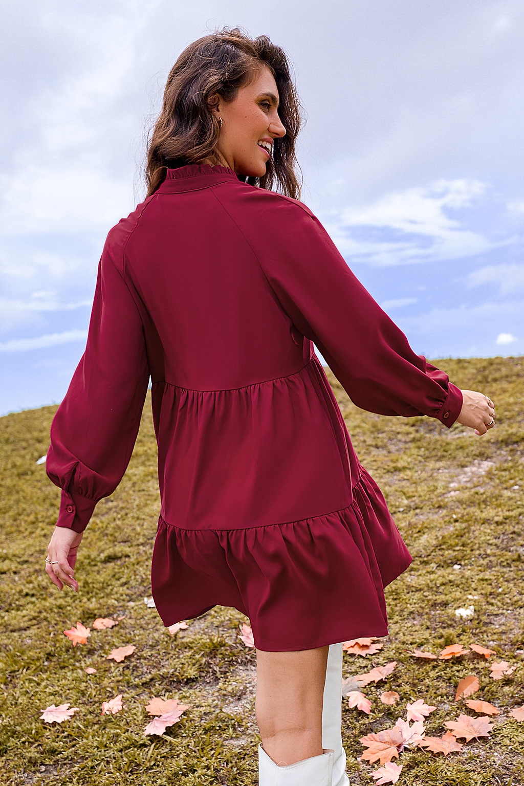 Burgundy Standing Collar V-Neck Long Sleeve Mini Dress