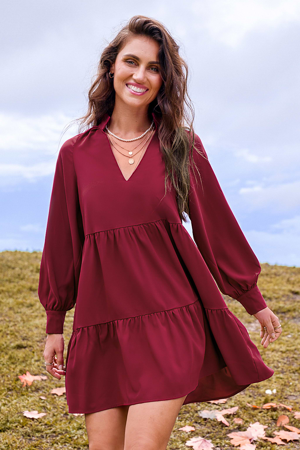 Burgundy Standing Collar V-Neck Long Sleeve Mini Dress