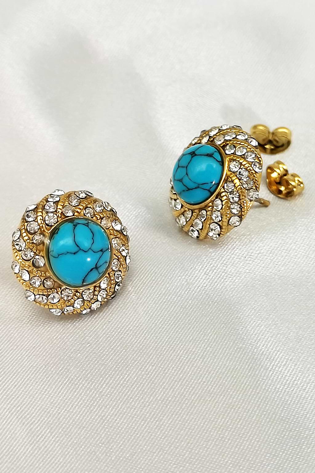Gold-Tone  Clear Crystal  & Faux Turquoise Stud Earrings