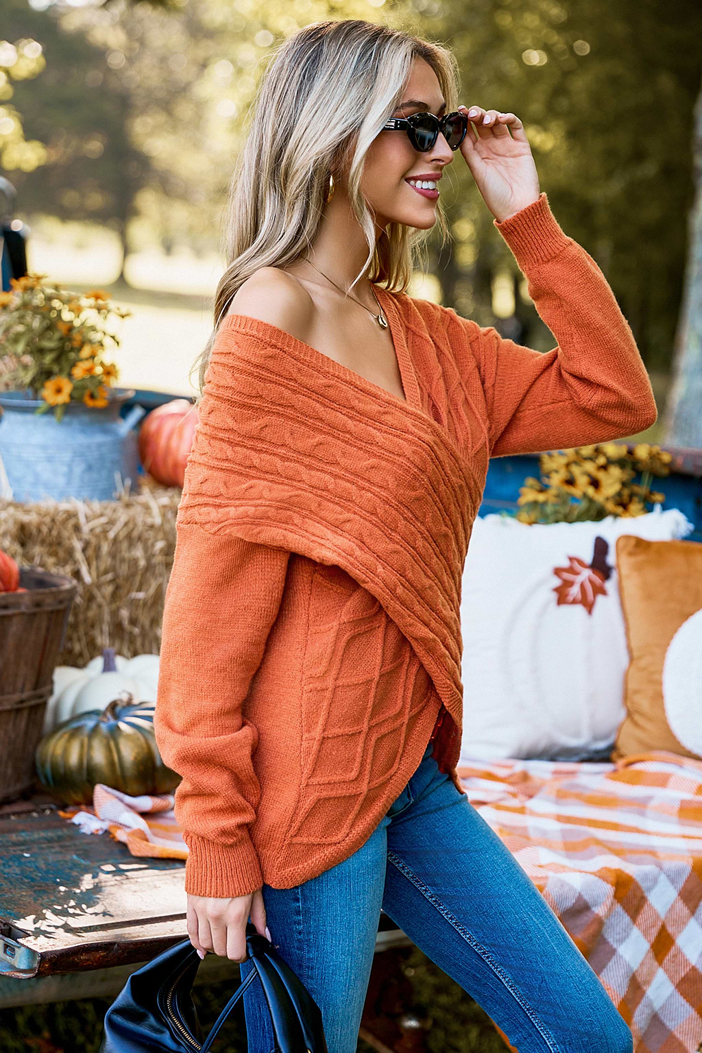 Burnt Orange Cable Knit Asymmetrical Off-Shoulder Sweater