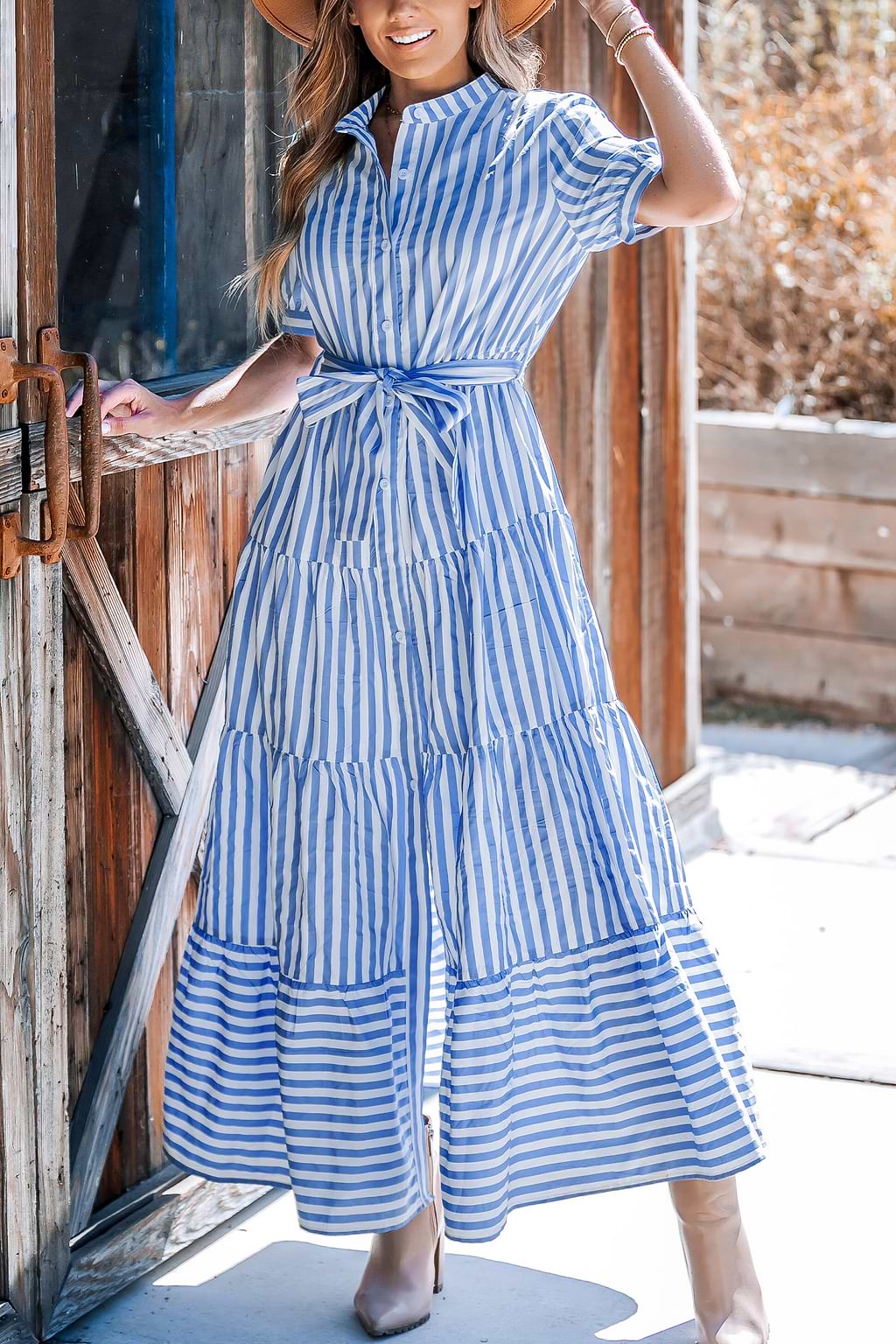 Blue Striped Puff Sleeve Front Button Maxi Dress
