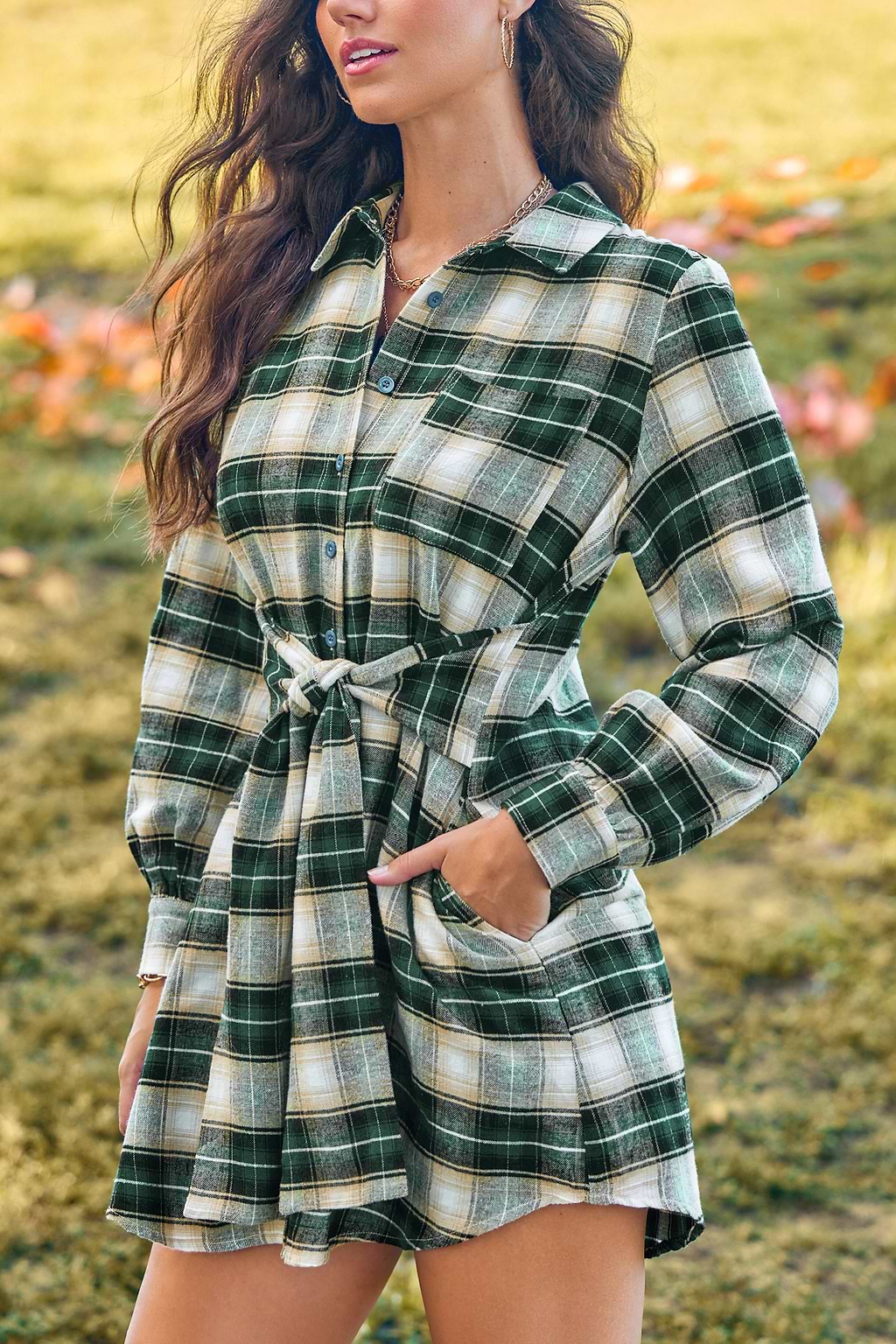 Green Plaid Front Button Mini Shirt Dress