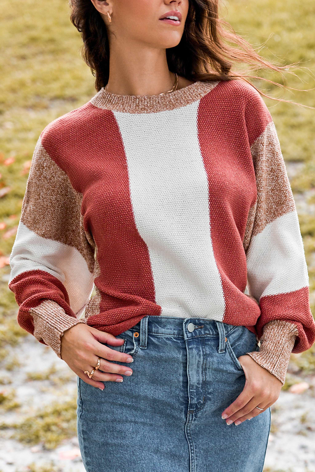 Brick & Beige Colorblock Long Sleeve Sweater