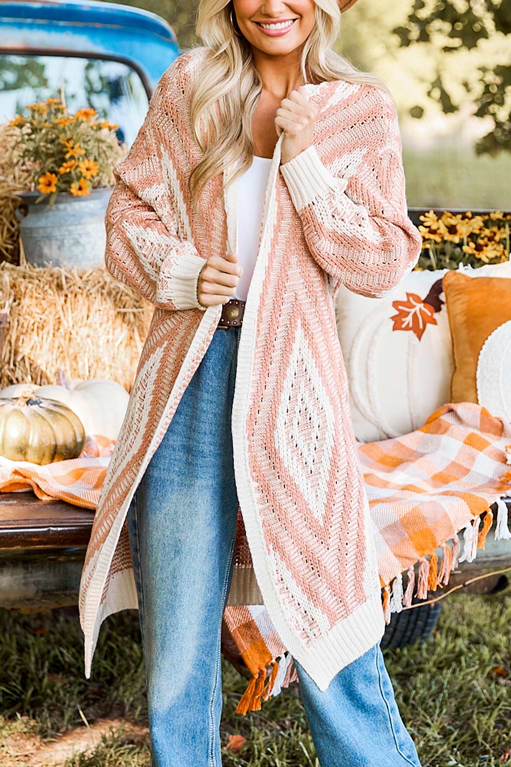 Salmon Geometrical Open Front Longline Cardigan