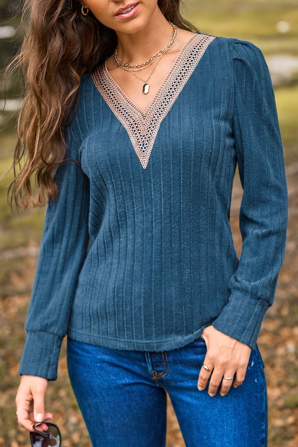 Navy Lace V-Neck Puff Shoulder Long Sleeve Top
