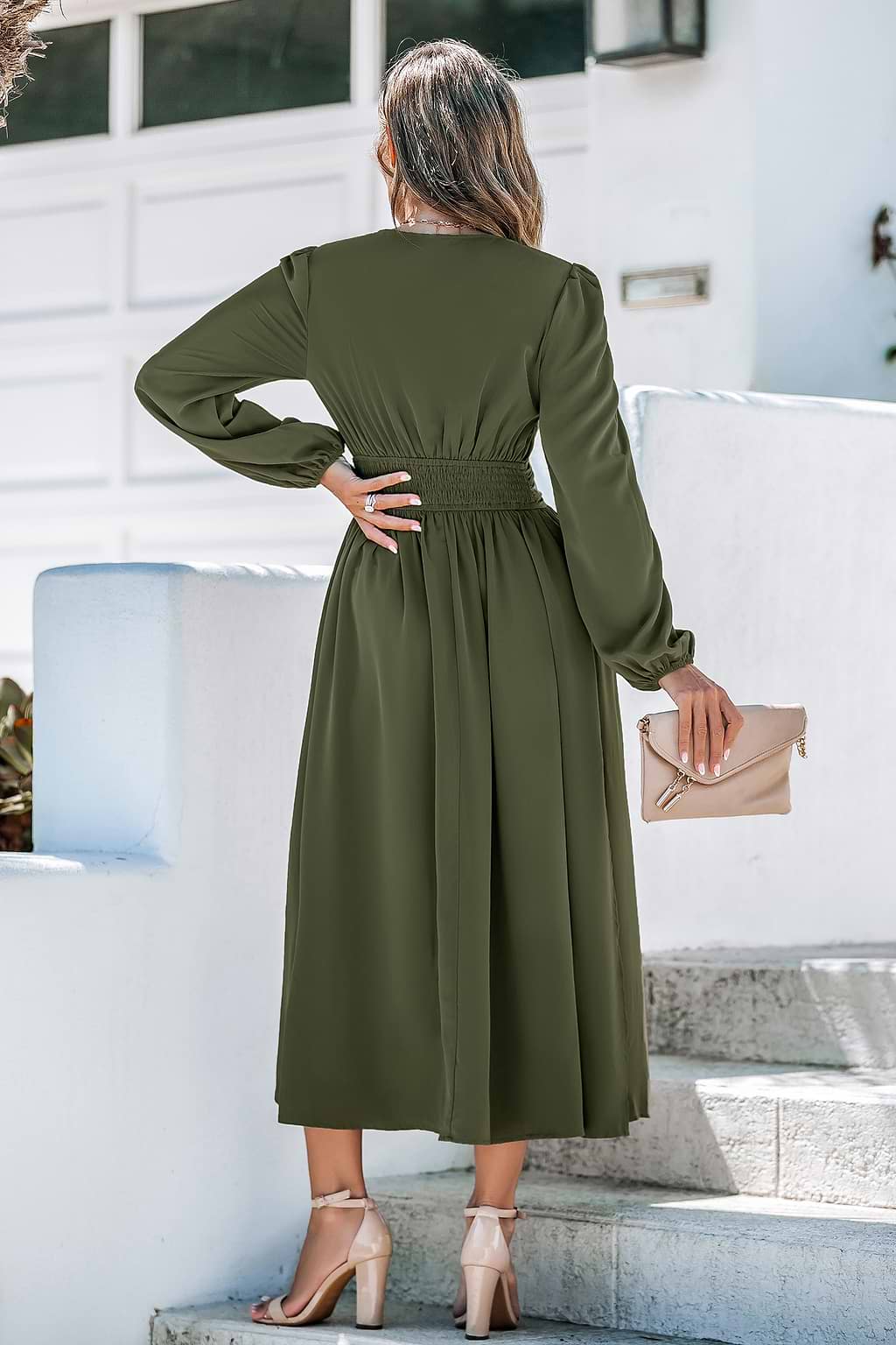 Green Puff Sleeve Surplice Midi Dress