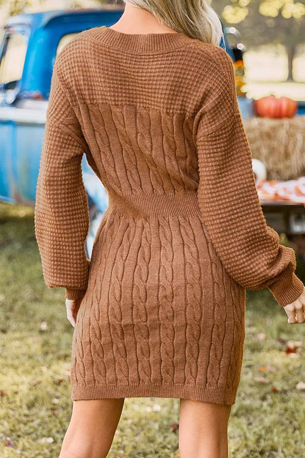 Camel Round Neck Long Puff Sleeve Mini Sweater Dress