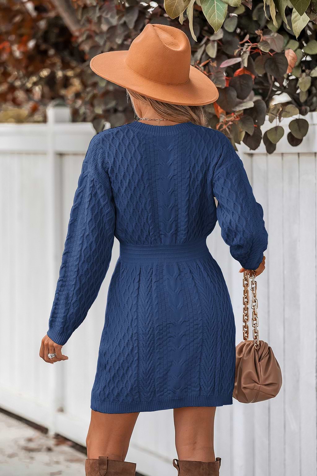 Blue V-Neck Long Sleeve Mini Cable Knit Sweater Dress