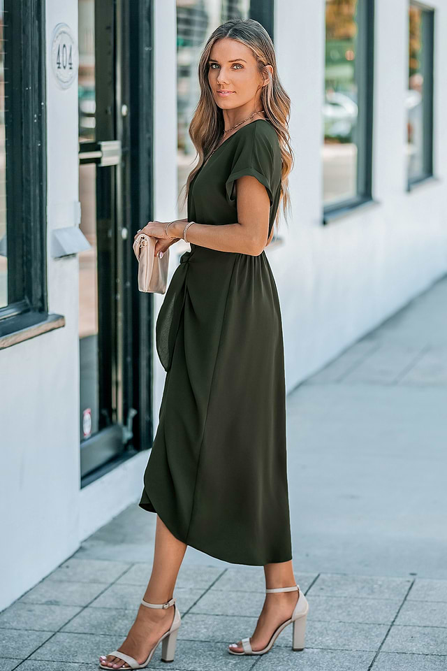 olive green dress with sleeves Melissa | Long-Sleeve Wrap Maxi Draped Detailing Imported. Vacation Dress in Olive Green