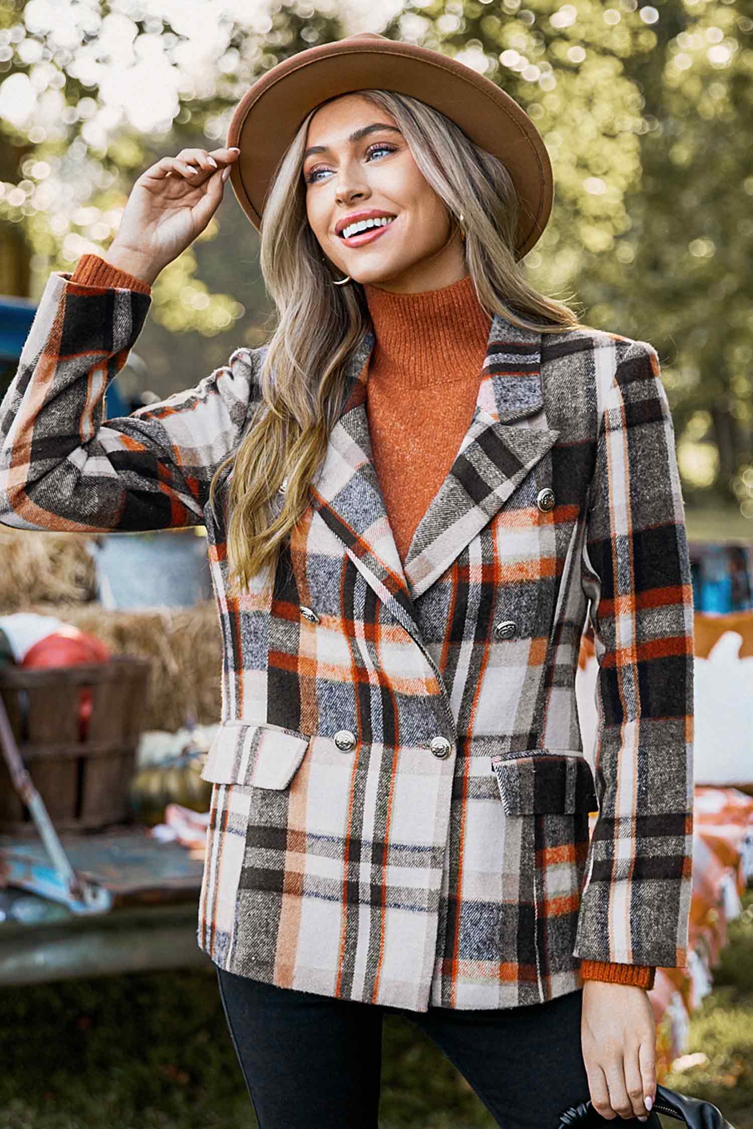Brown Plaid Double-Breasted Blazer