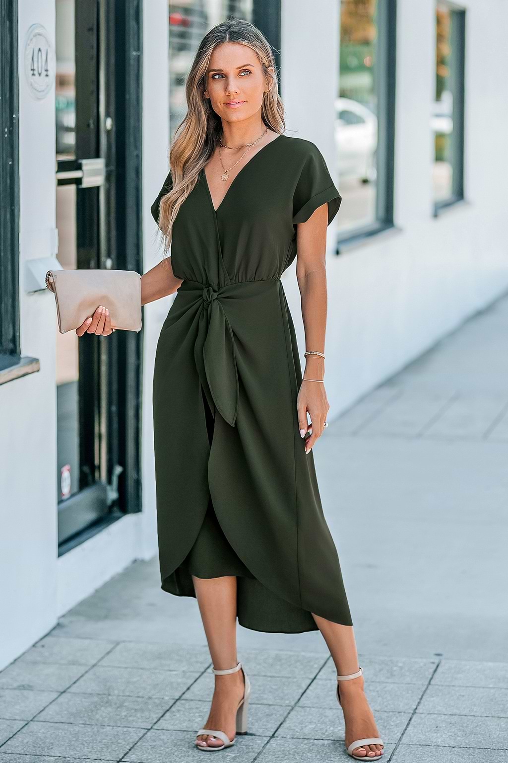 Olive Short Sleeve Waist Wrap Midi Dress