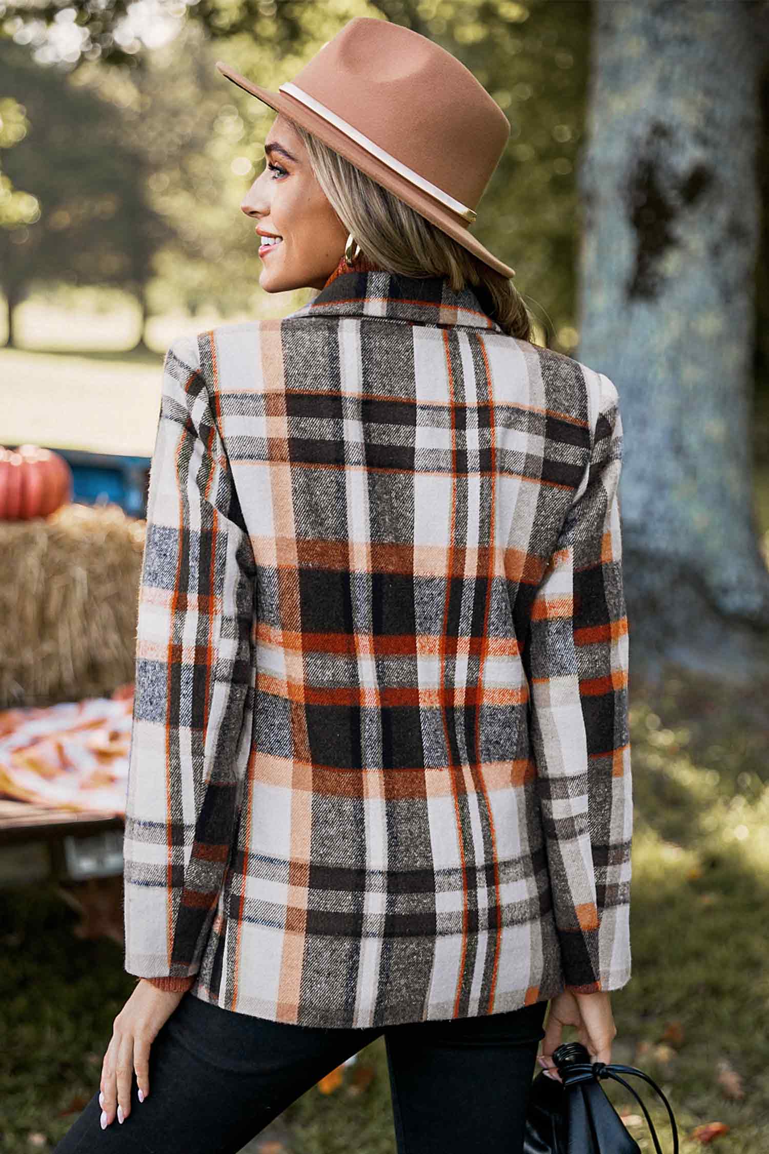 Brown Plaid Double-Breasted Blazer