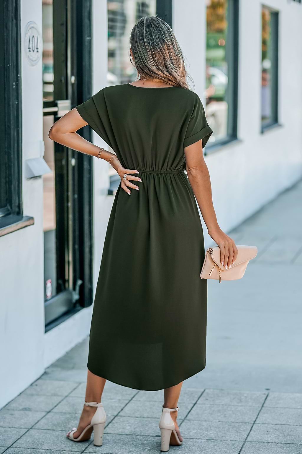 Olive Short Sleeve Waist Wrap Midi Dress