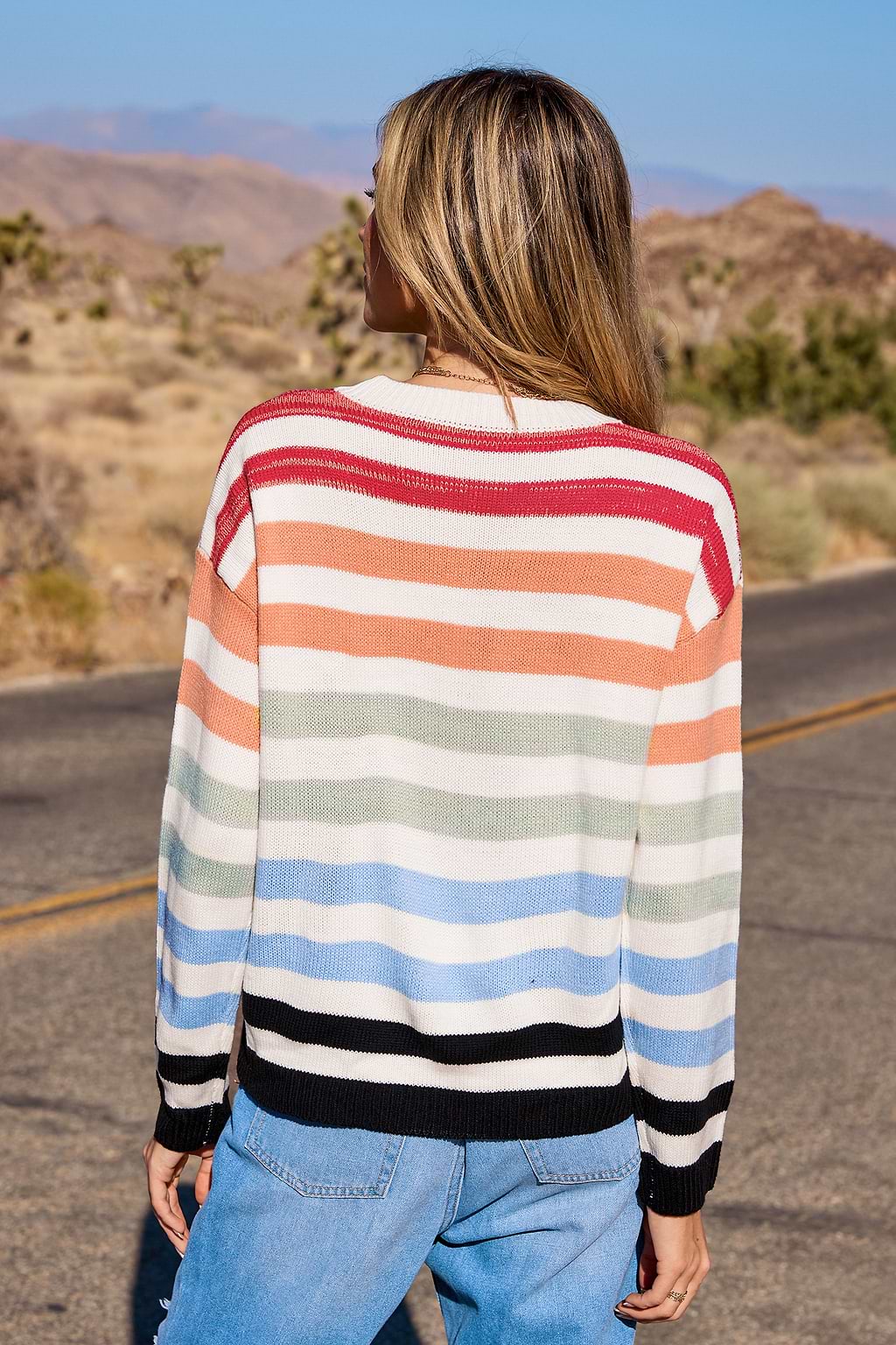 Rainbow Striped Ribbed Knit Long Sleeve Sweater