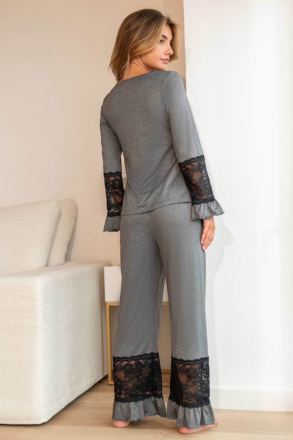 Grey & Black Lace Long Sleeve Pajama Top & Pants Pajama Set
