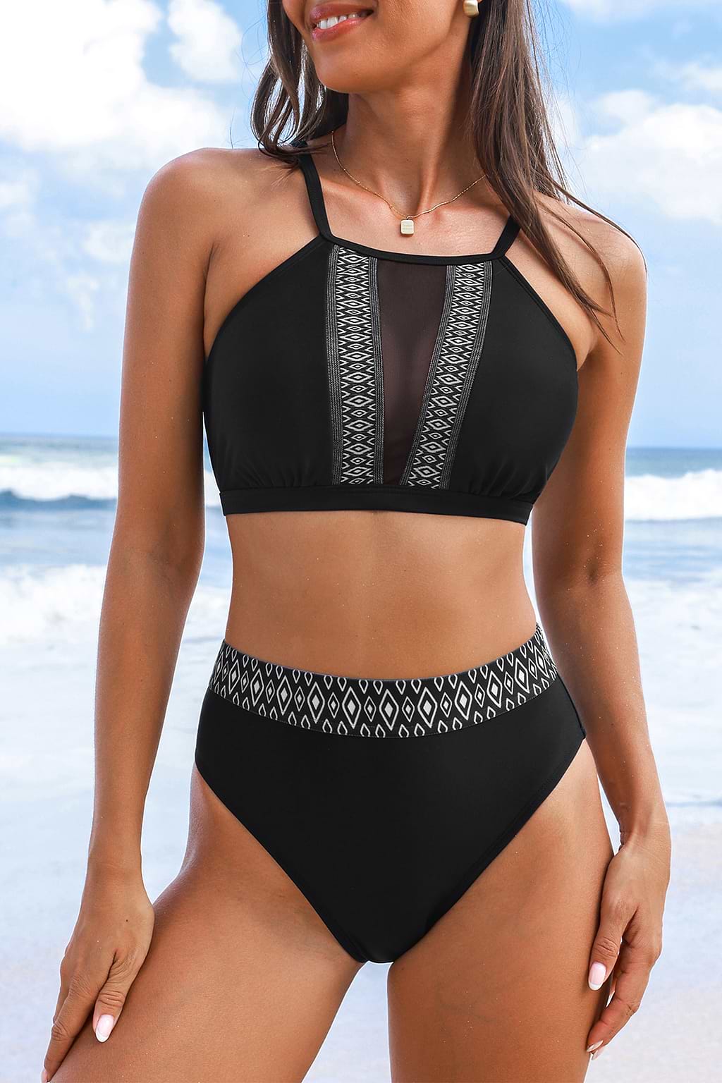 Black & Navy Geo Square Neck Bikini Top & High-Rise Bottoms Set