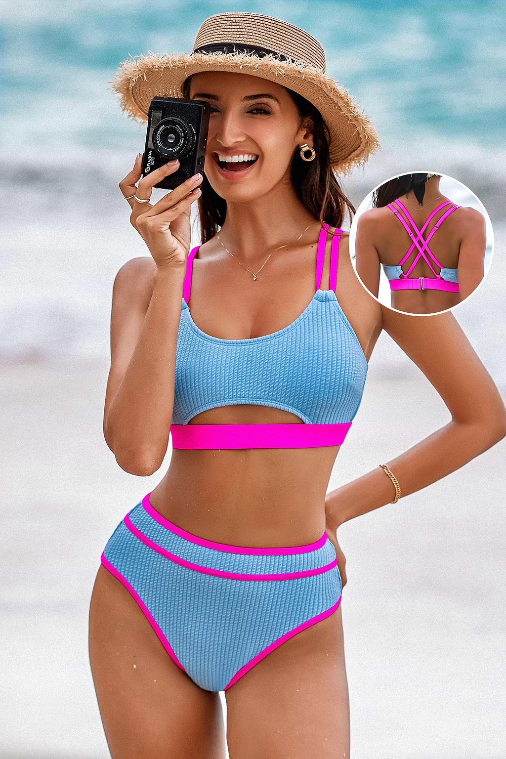 Conjunto de bikini de talle alto y parte superior de bikini con cortes en bloques de color