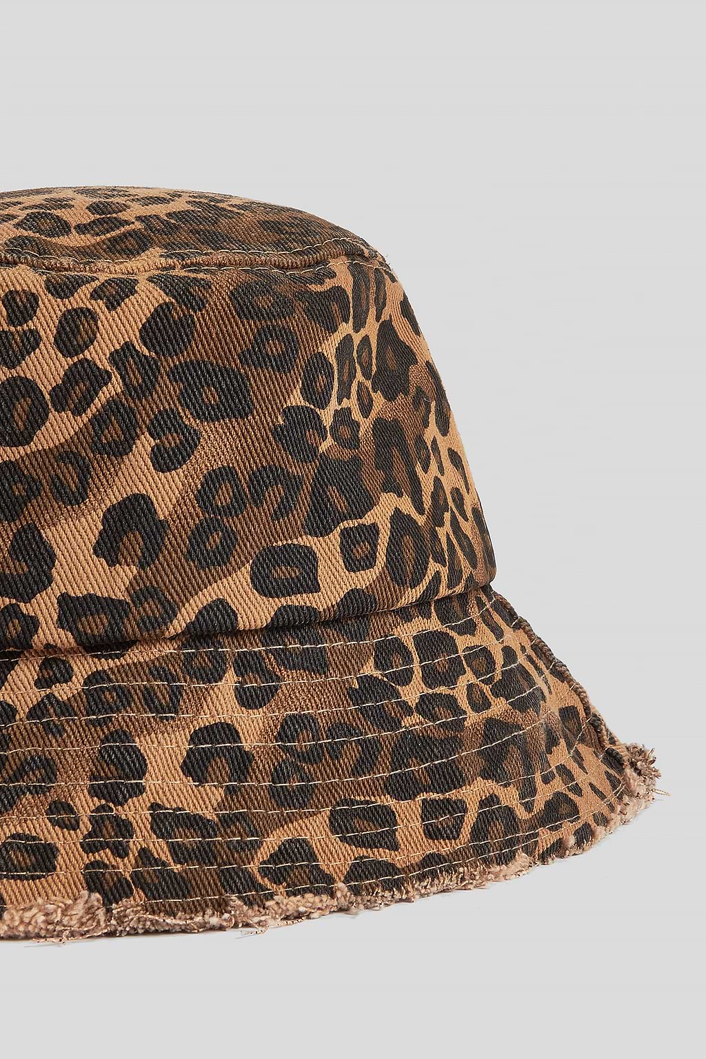 Chapeau bob en pur coton à bord effiloché et imprimé léopard