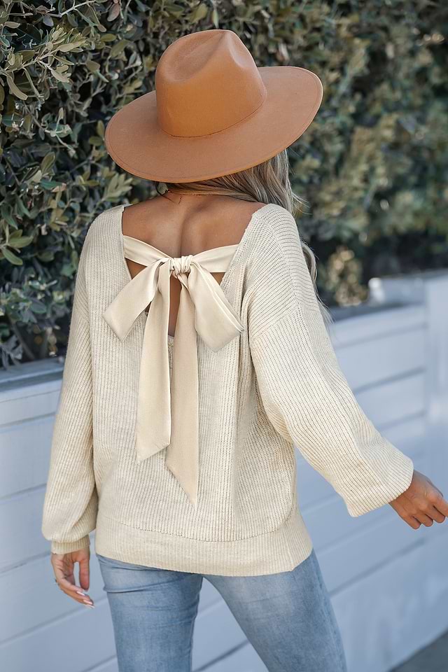 Long Sleeve V-Neck Bow Sweater
