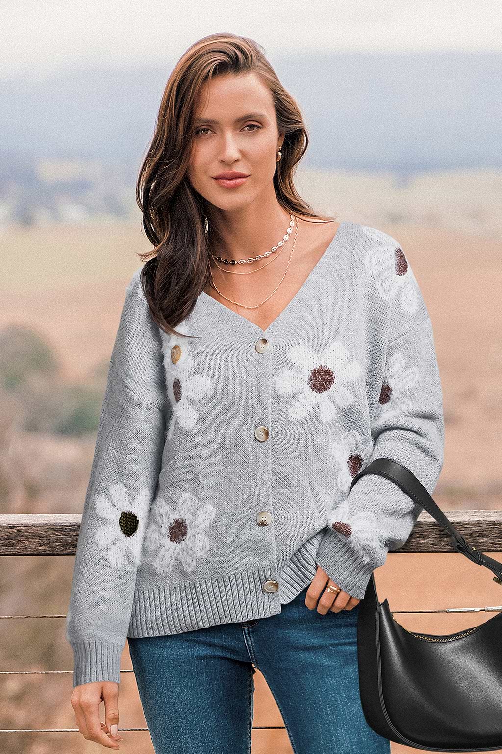Grey Knit Daisy Front Button Cardigan