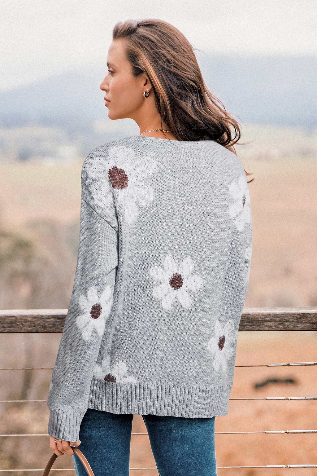 Grey Knit Daisy Front Button Cardigan