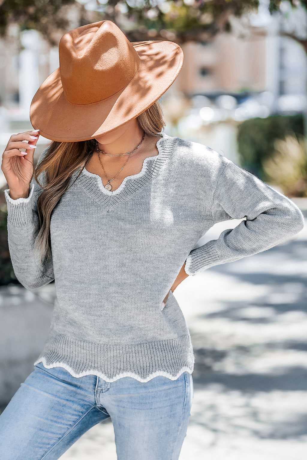 Grey V-Neck Long Sleeve Scalloped Sweater