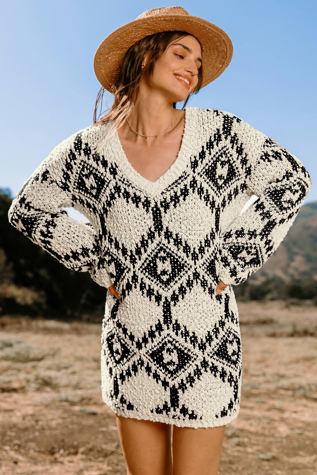 Geo Boucle Knit V-Neck Sweater Dress