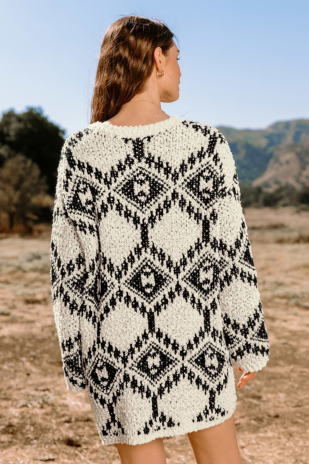 Geo Boucle Knit V-Neck Sweater Dress