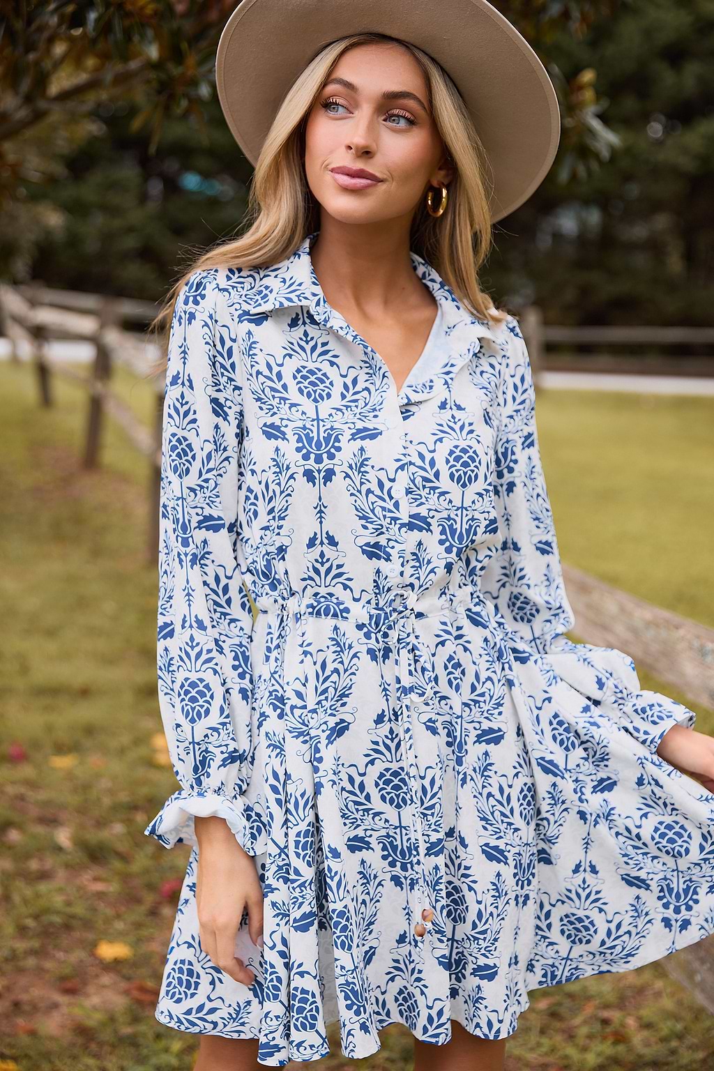 Ornate Blue Collared Poet Sleeve Button Up Mini Dress