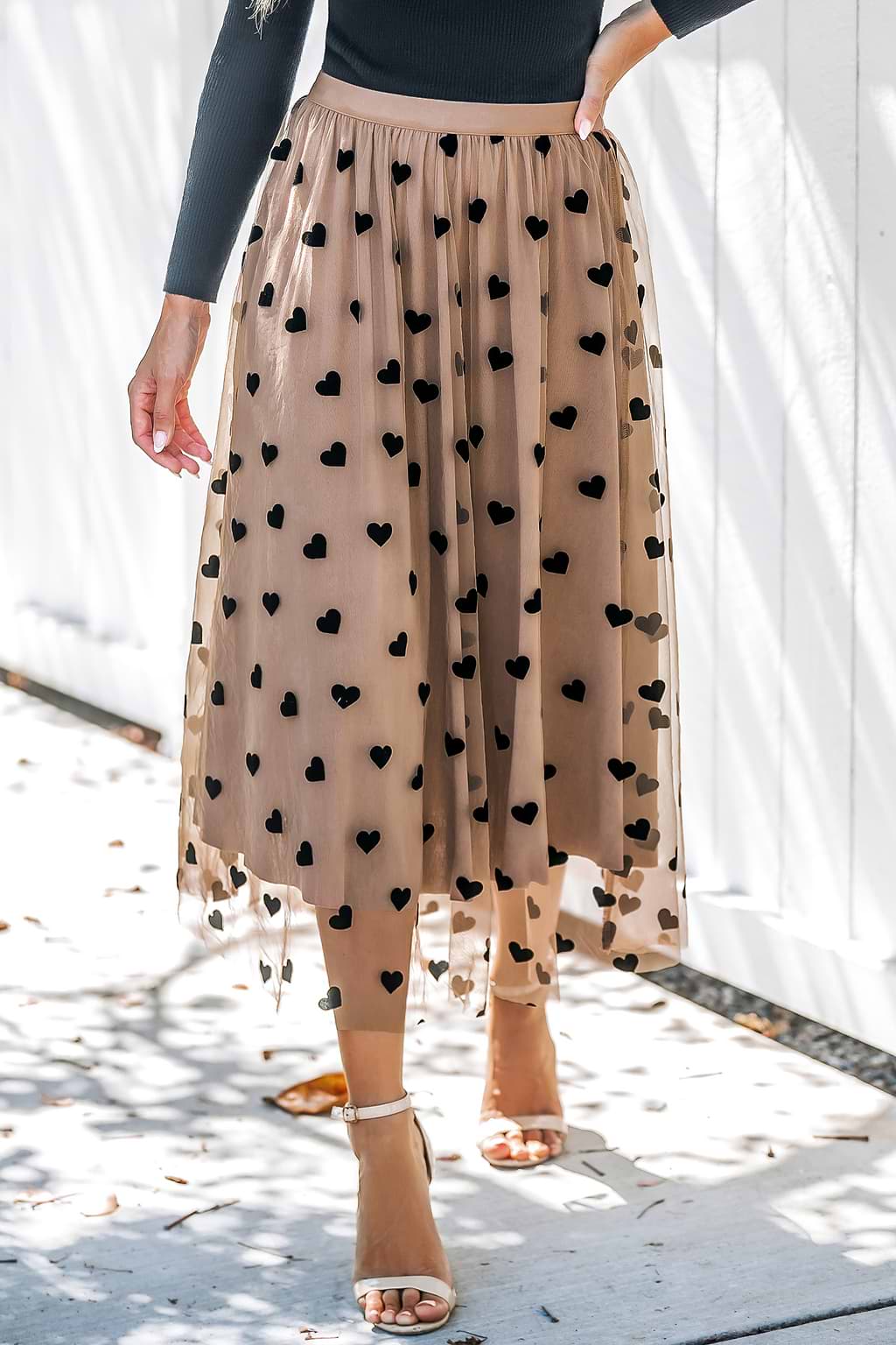 Heart Print Mesh Midi Skirt