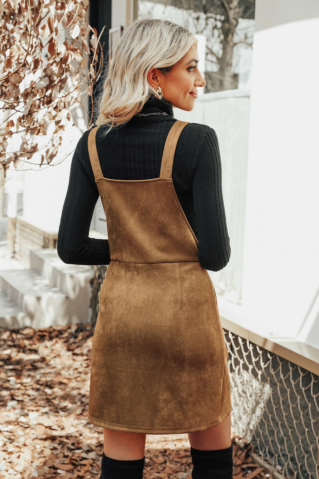 Orange Faux Suede Pull-Ring Pinafore Dress