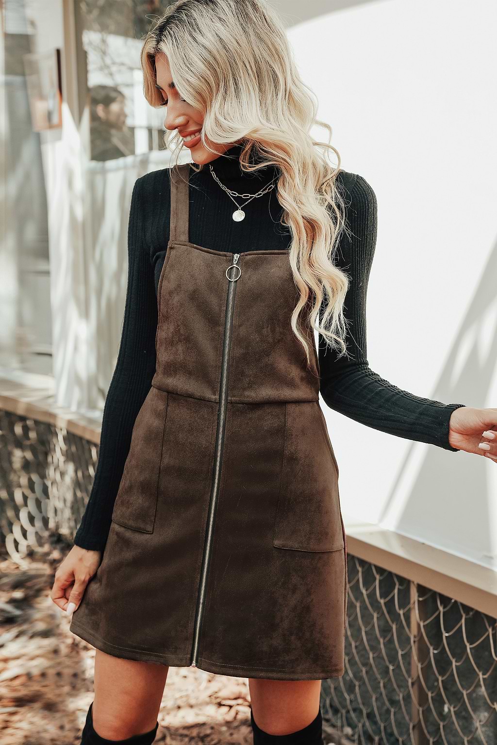 Faux Suede Pull-Ring Pinafore Dress