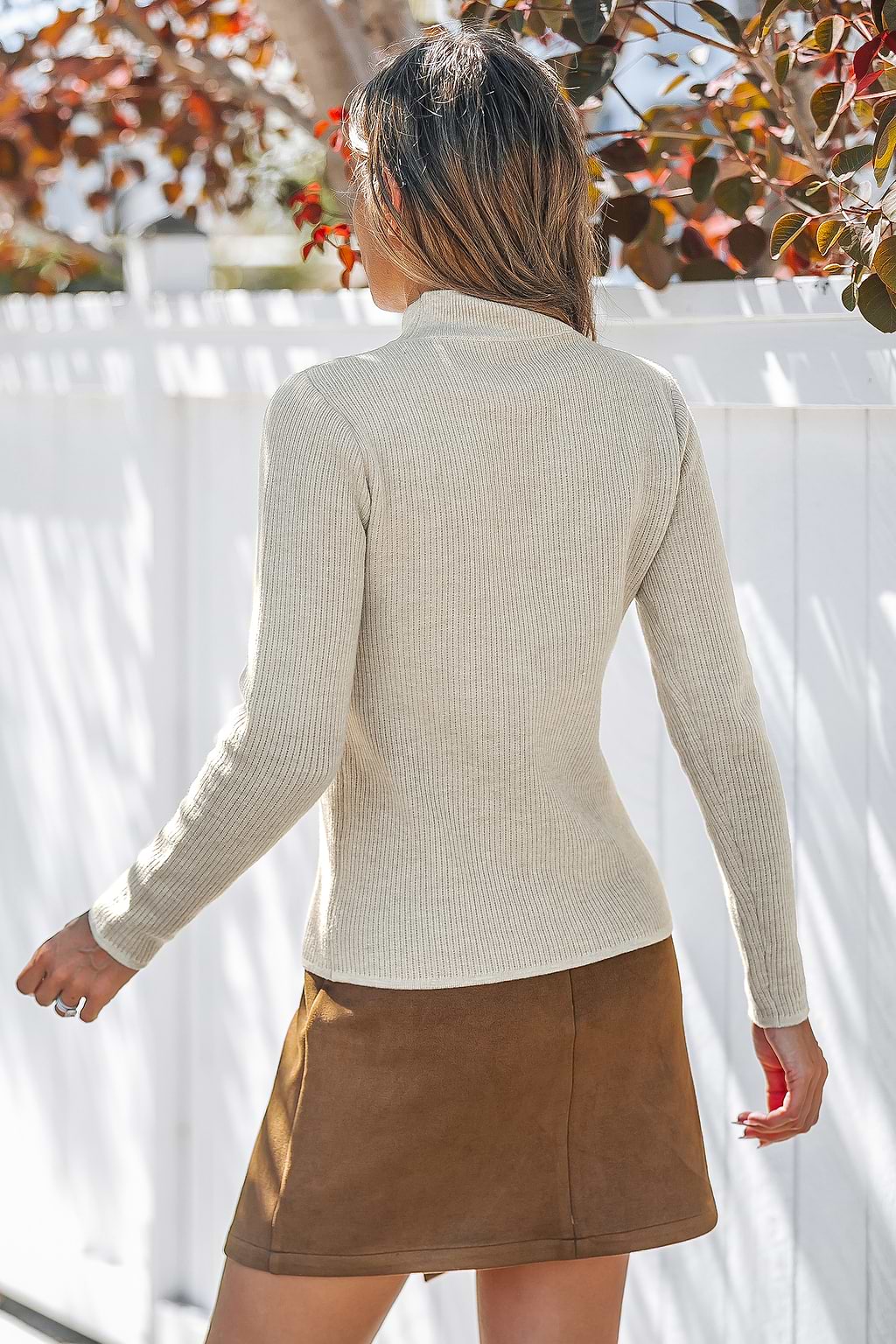 Beige Ribbed Knit Long Sleeve Turtleneck Sweater