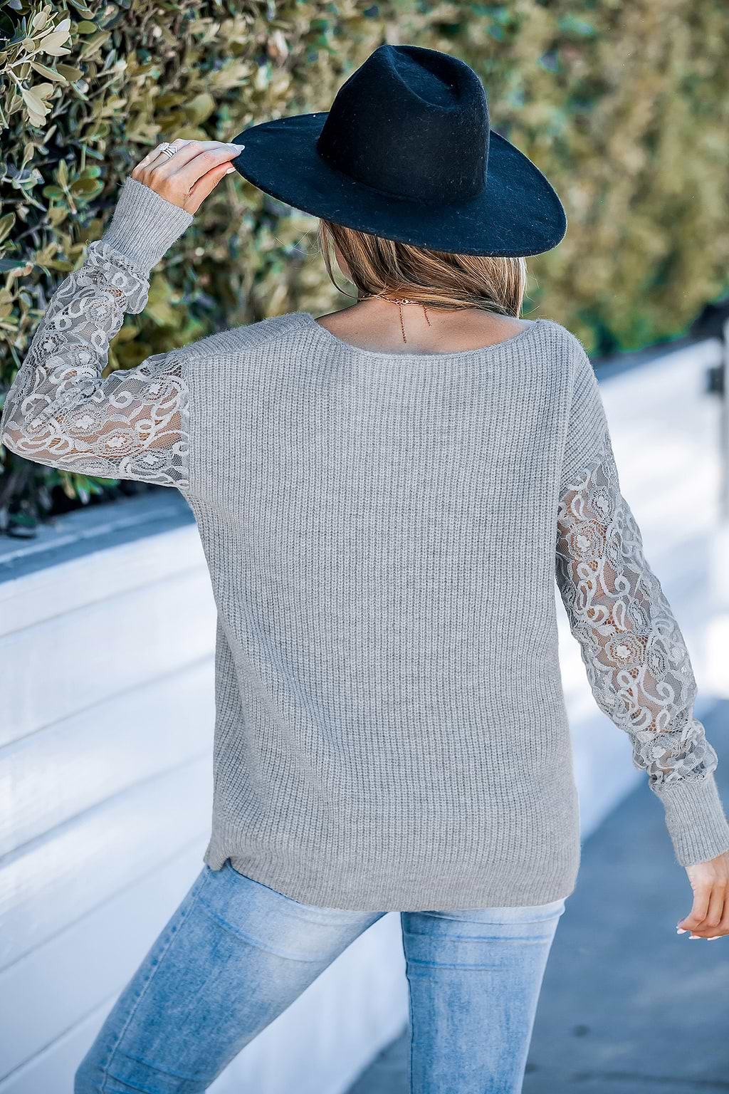 Grey Floral Lace Sleeve Rib V-Neck Sweater