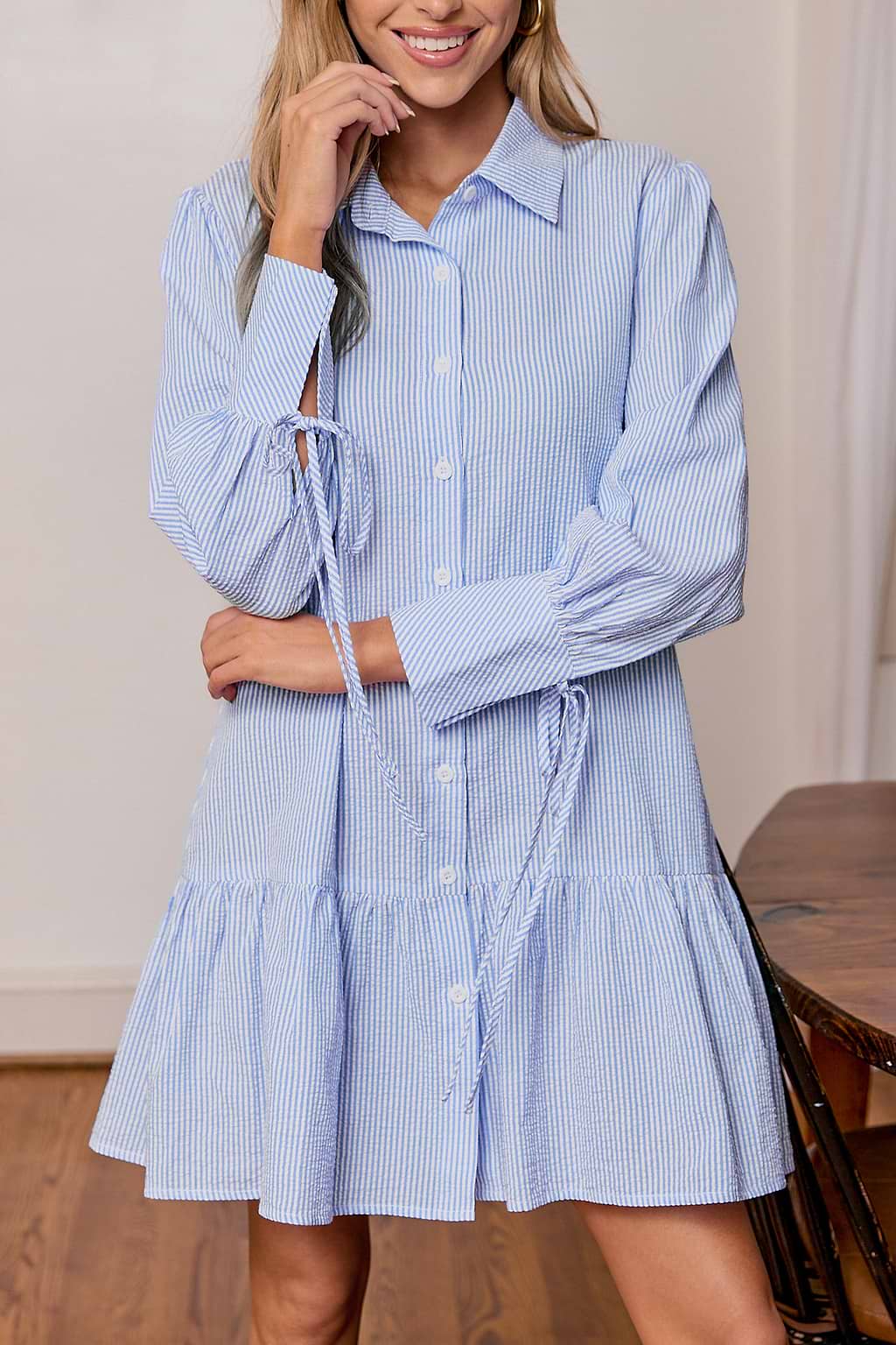 Blue Pin Stripe Collared Button-Up Flounce Hem Mini Dress