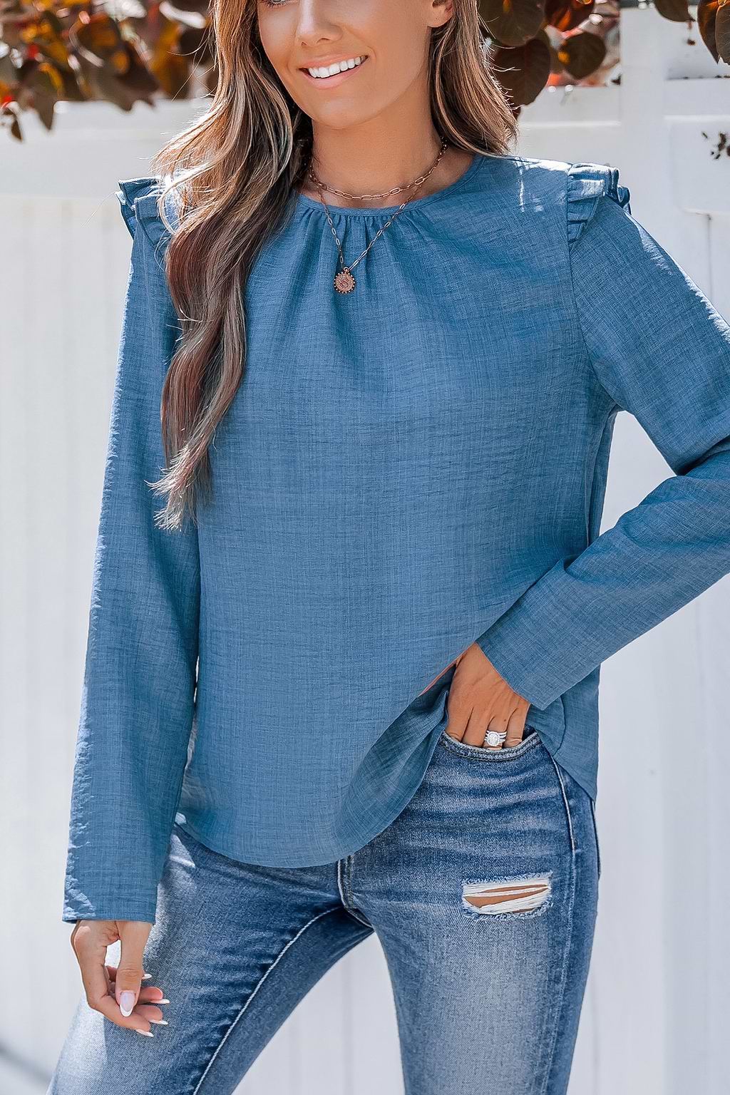 Blue Round Neck Ruffled Shoulder Long Sleeve Blouse