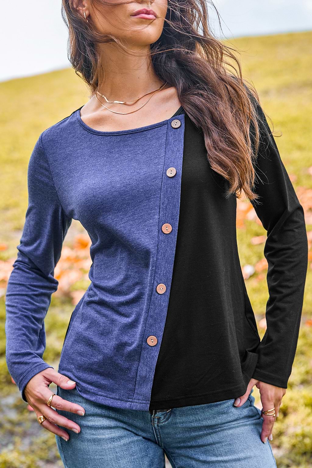 Blue & Black Asymmetrical Long Sleeve Tee