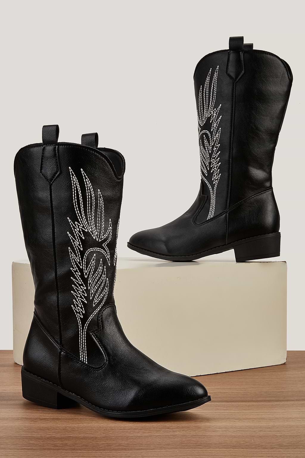 Black Faux Leather Contrast Stitch Cowboy Boots