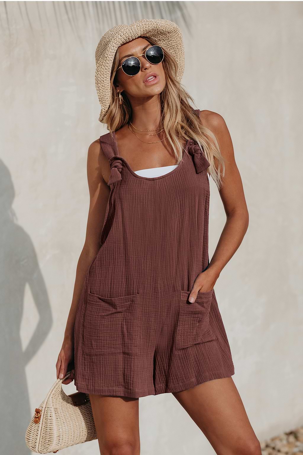 Coffee Brown Knotted Strap Loose Leg Romper