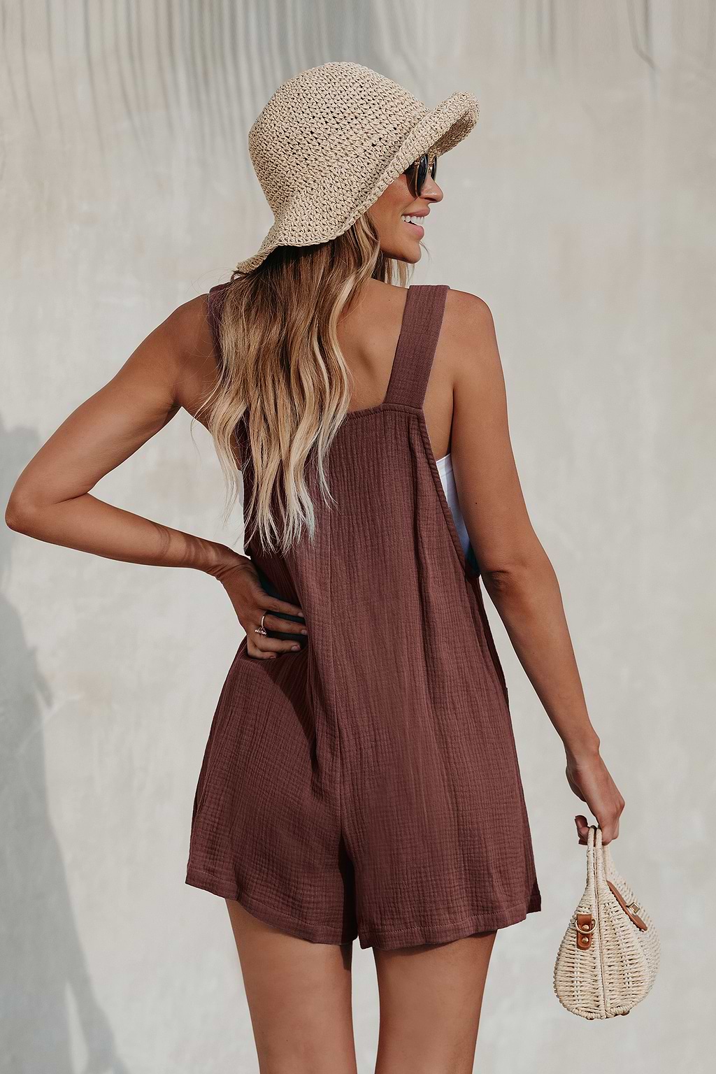 Coffee Brown Knotted Strap Loose Leg Romper