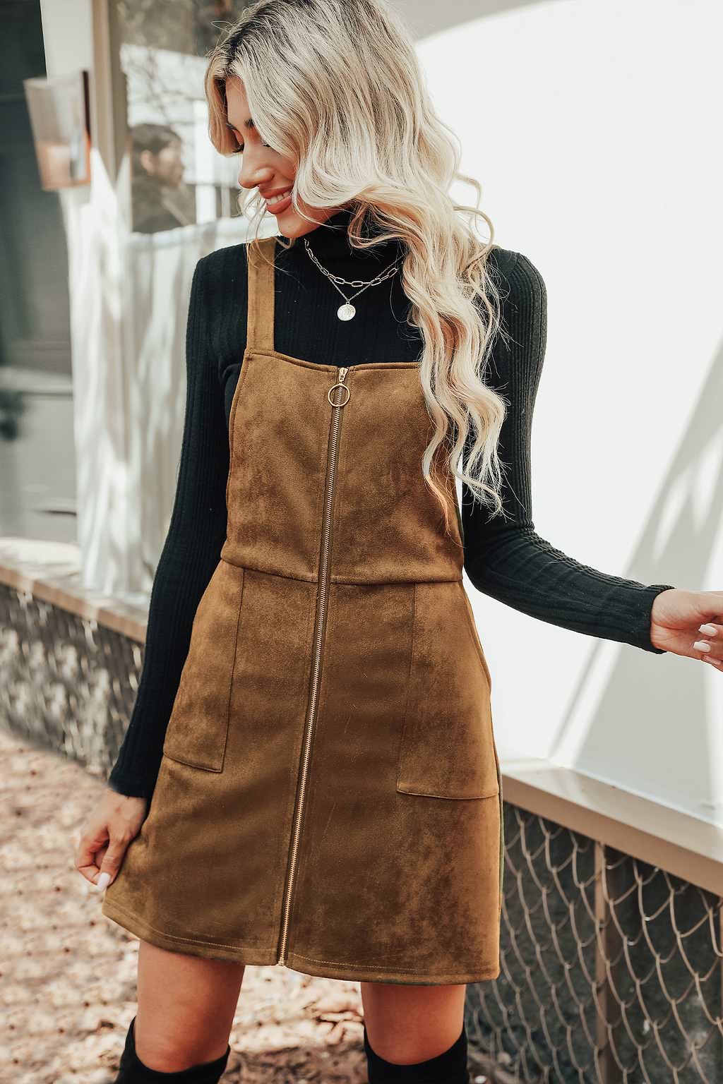 Orange Faux Suede Pull-Ring Pinafore Dress